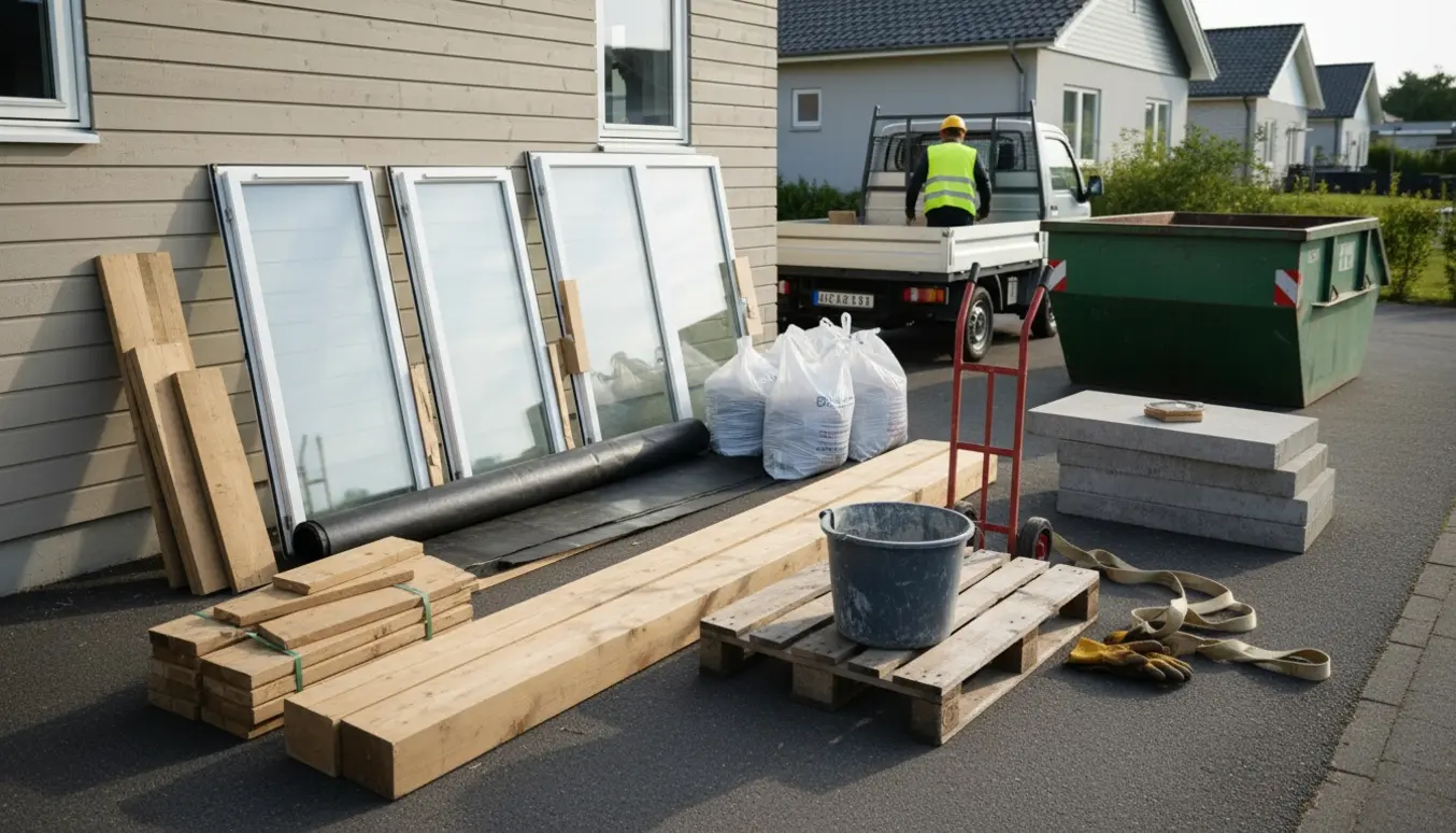 Byggeaffald med træbjælker, vinduer, isoleringsposer og betonfliser klar til afhentning.