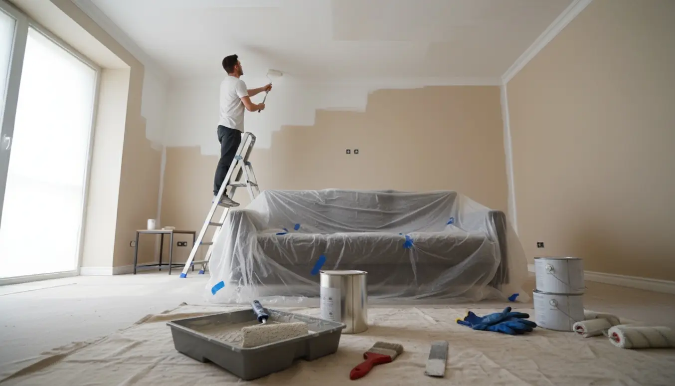 En maler ses bagfra med rulle, mens loft og to vægge i en stue males, møbler dækket af afdækning.