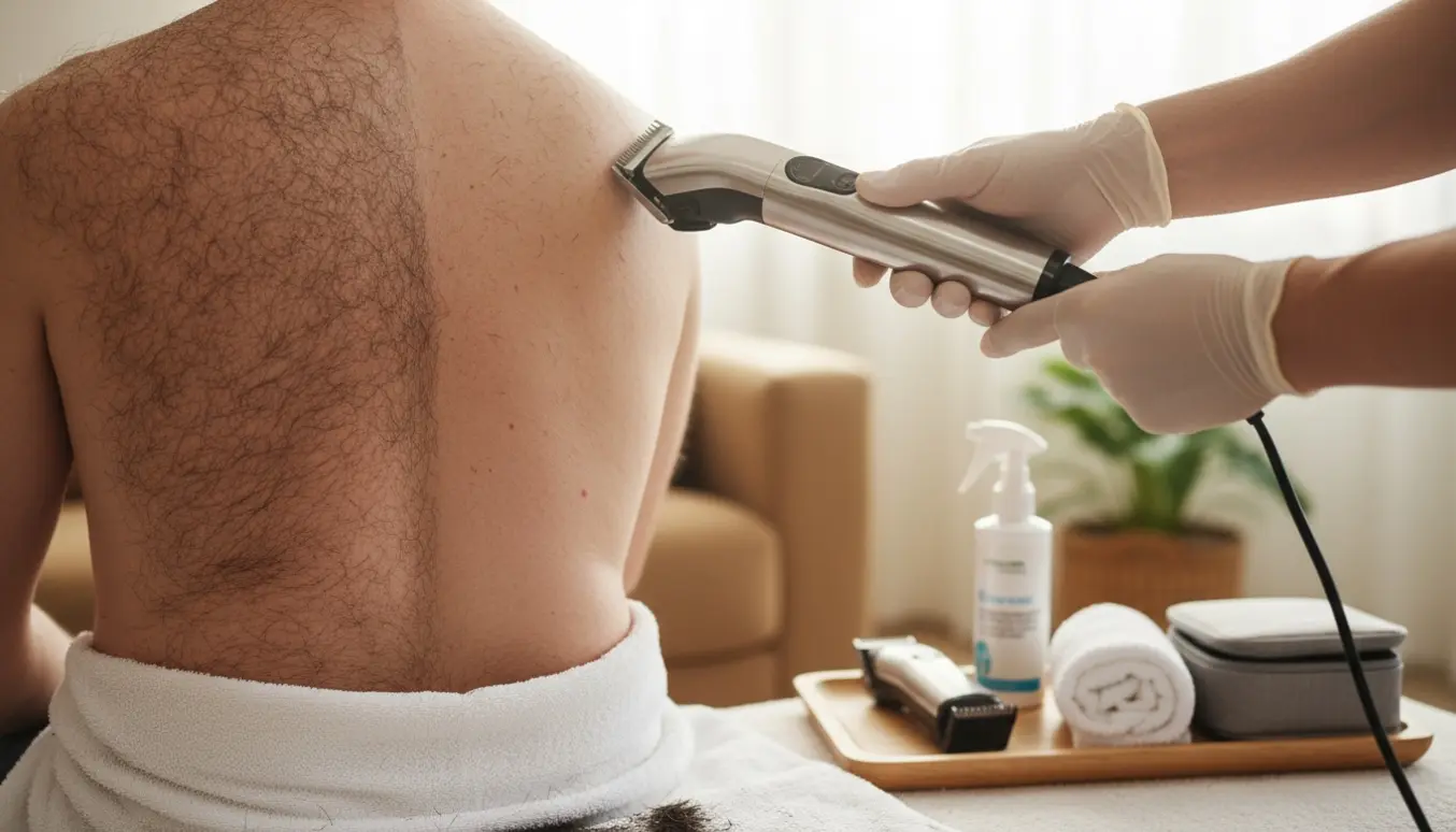 En frisør barberer hår af en persons ryg i en lys stue med tydelig før-og-efter-contrast.