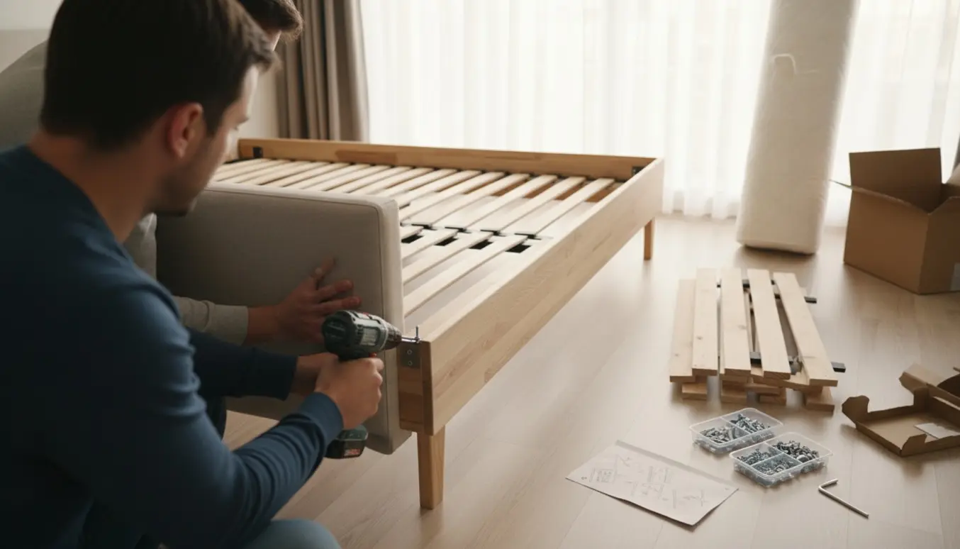 To personer samler en seng med en skruemaskine i et lyst, ryddeligt soveværelse.