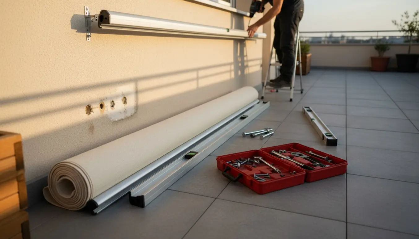 En markise pakkes ud og monteres på terrassen, hænder sikrer beslag med boremaskine.