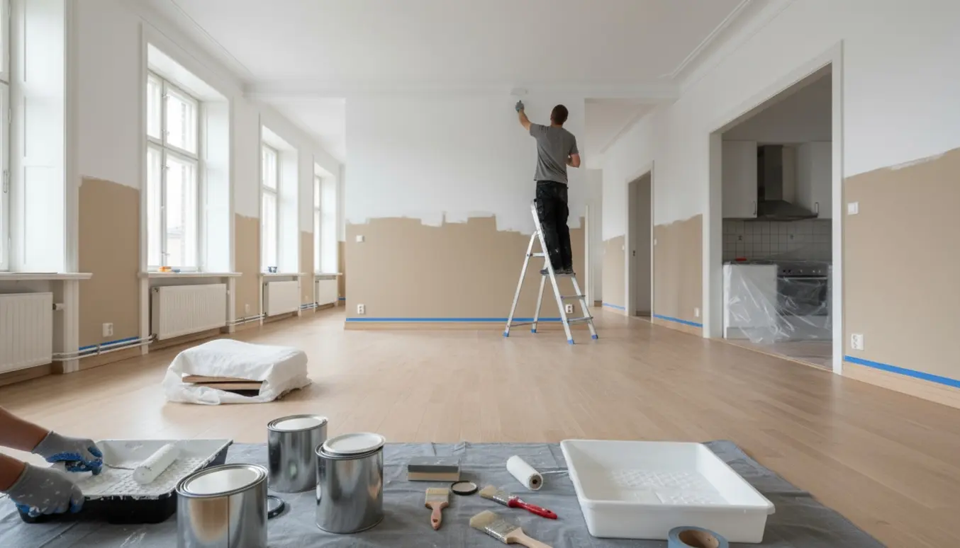 Lyse lejlighed med højloft og halvmalet væg, maler på stige og malerværktøj på afdækningsplast.