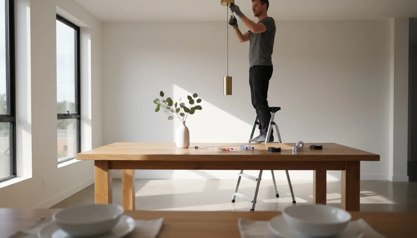 En person på en stige forlænger og forbinder ledningen til en pendel over et spisebord.