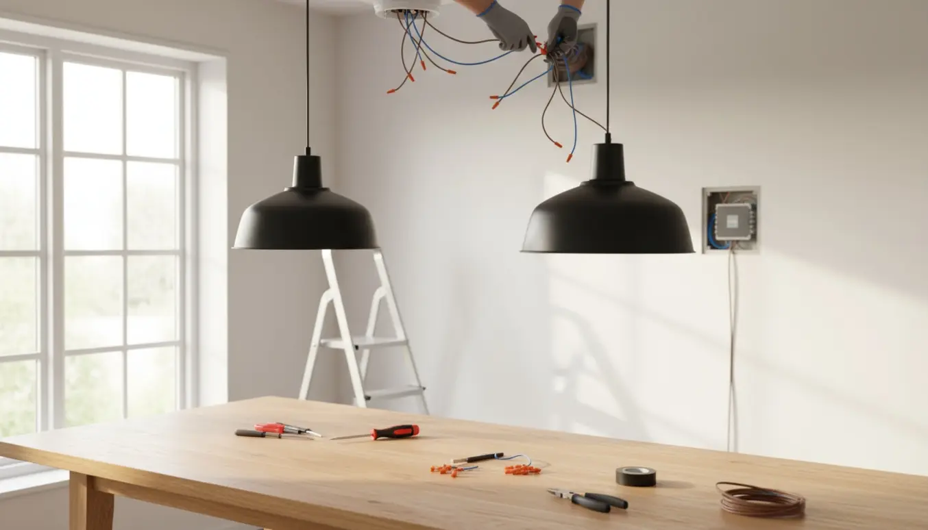 To pendellamper bliver monteret i et lyst rum, mens en tekniker forbinder kablerne til samme dæmperkontakt.