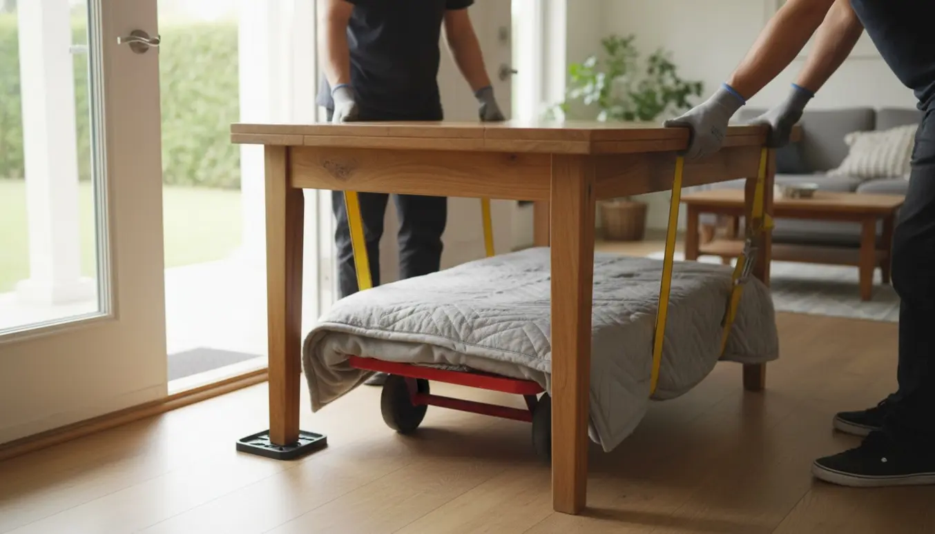 To personer bærer et tungt teak spisebord gennem en døråbning med løftestropper og flyttetæppe.