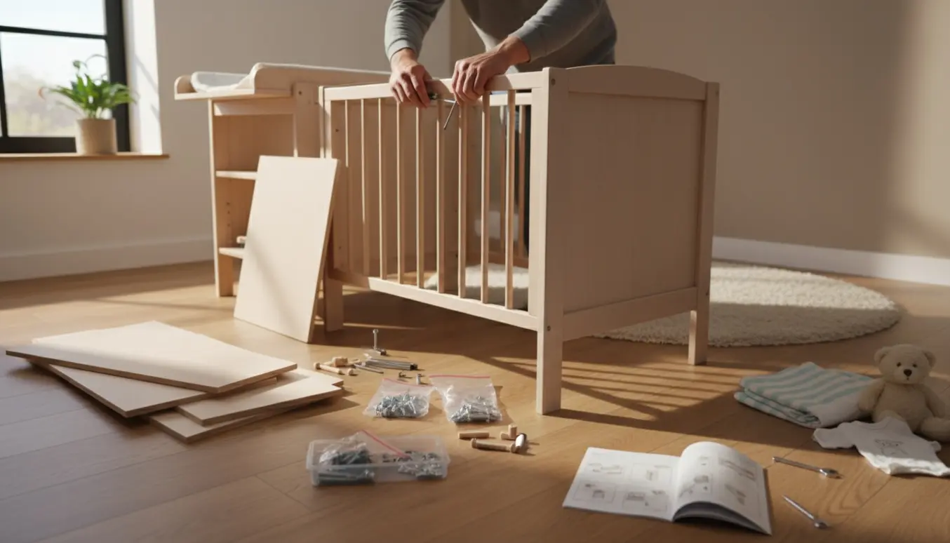 Hænder samler en babyseng og et puslebord i et lyst og roligt børneværelse.