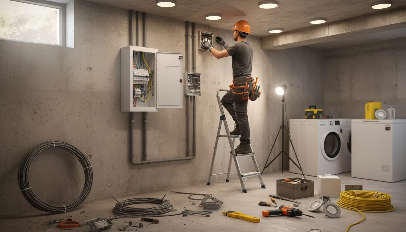 Elektriker i kælder trækker ledninger i tomrør og installerer indbygningsspots ved åben eltavle.