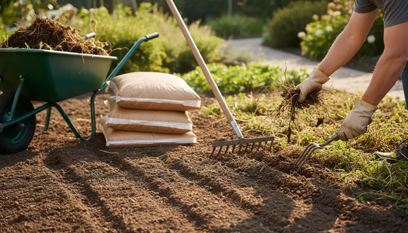 Nærbillede af ukrudtsfjernelse i et større bed med mørk jord, redskaber og bunker af barkflis klar til udlægning.