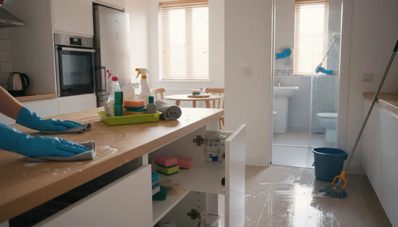 Lyst hjem under hovedrengøring af køkken og badeværelse med handsker, klude og moppe.