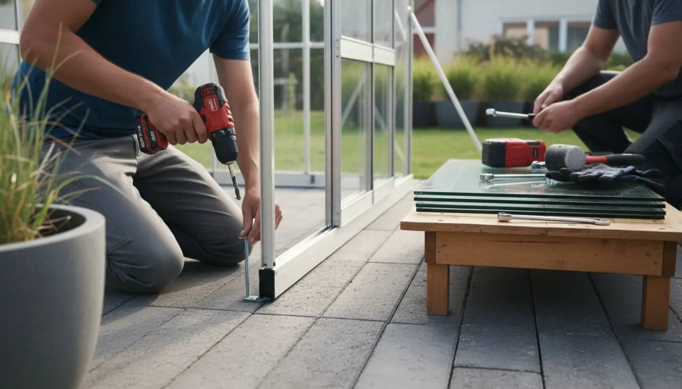 Delvist samlet drivhus i hærdet glas på fliser, hvor en håndværker fastgør rammen med jordankre.