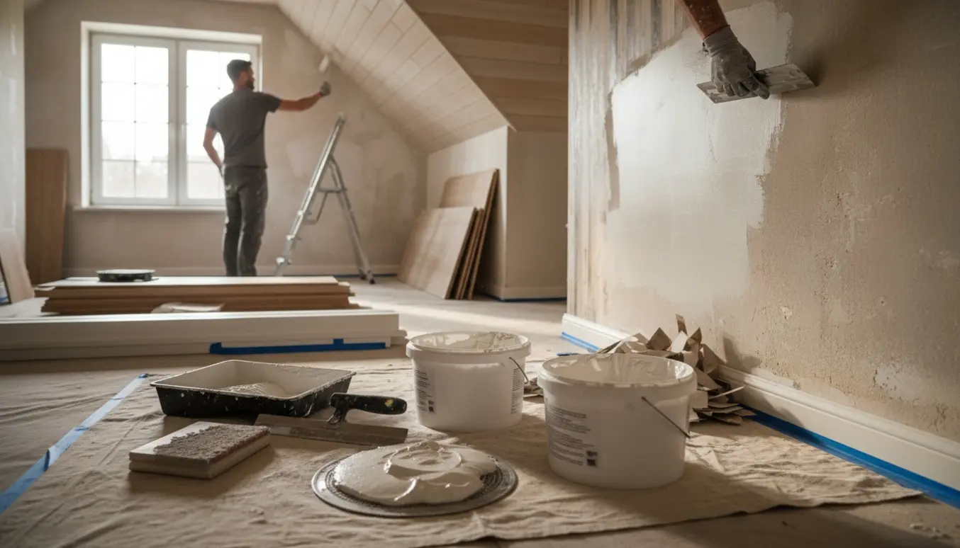 To små værelser under renovering med afrevet savsmuldstapet, spartelværktøj og nyligt malet træloft.