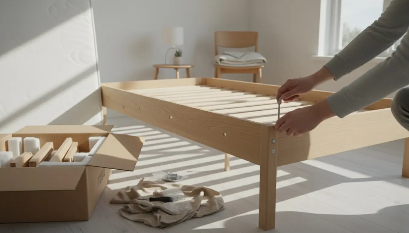 Hænder samler en enkeltseng i lyst soveværelse med værktøj og dele udlagt.