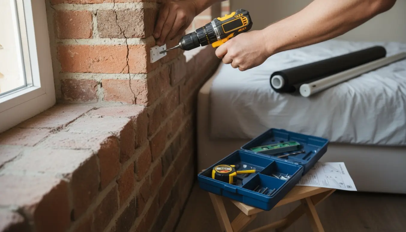 Nærbillede af opsætning af mørklægningsrullegardin i murstens karm med boreværktøj og monteringsbeslag.
