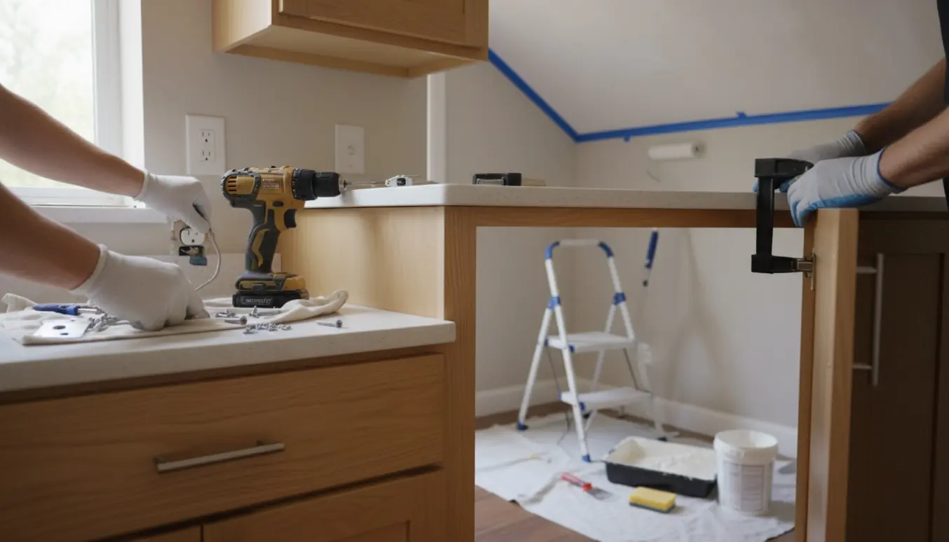 Hænder retter en løs kontakt, justerer et køkkenskab med nye hængsler og spartler samt maler et loft i et lyst hjem.