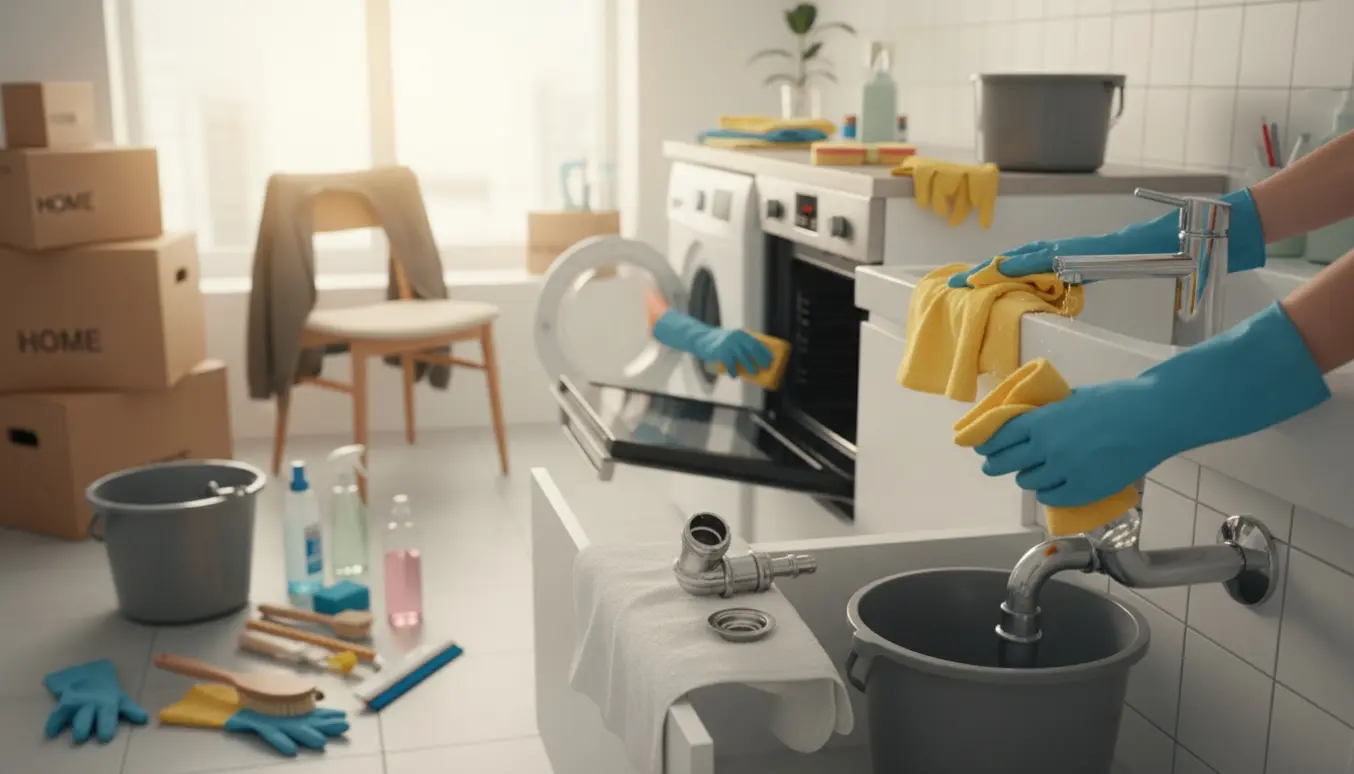 Hænder i handsker afkalker en kromarmatur ved vasken med åbent skab og afmonteret vandlås, mens flyttekasser ses i baggrunden.