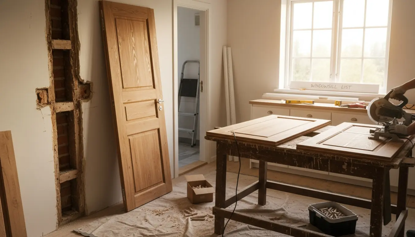 Indendørs renovationsscene med åben gipsvæg ved en blændet dør, trædøre under tilskæring og lister klar til montering.