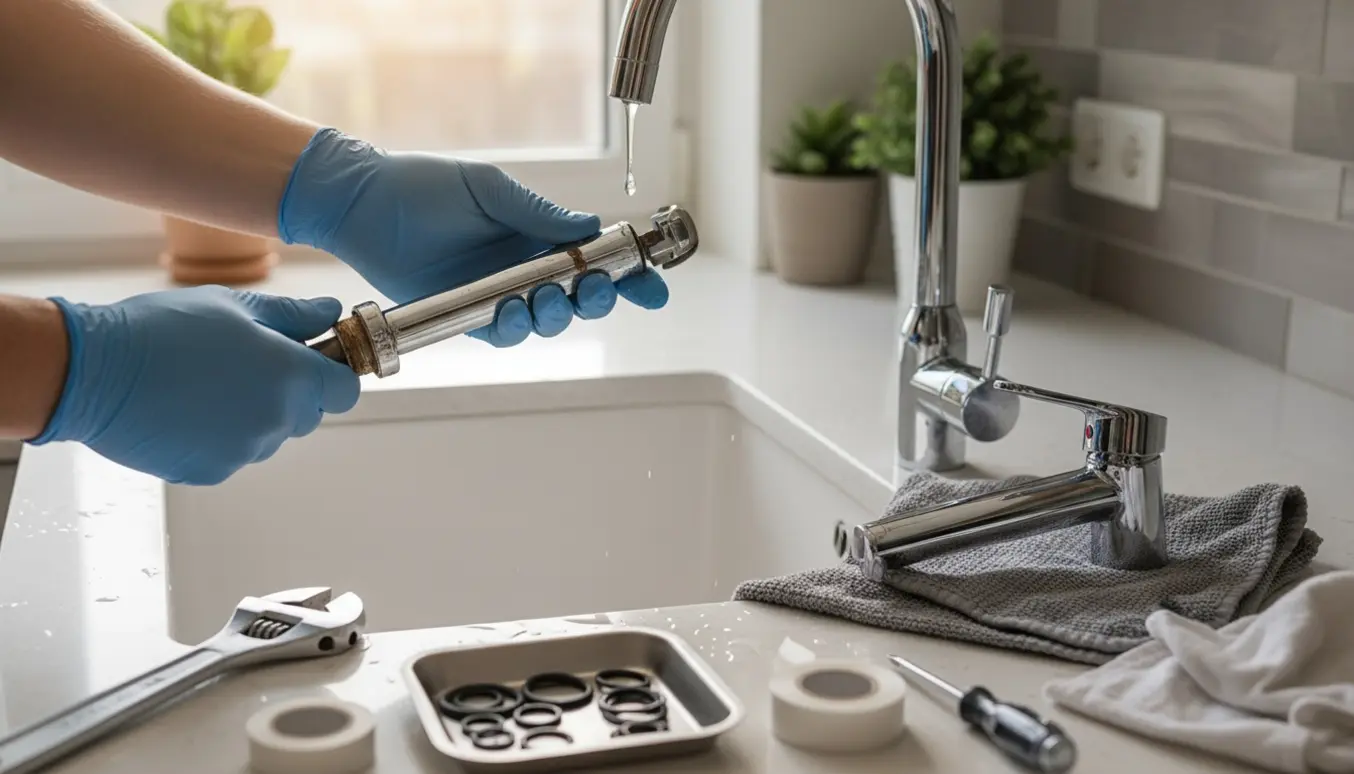Nærbillede af hænder, der udskifter et dryppende krom blandingsbatteri ved en køkkenvask med nyt batteri og værktøj ved siden af.