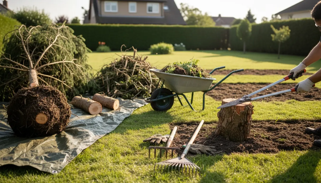 Solbelyst forhave hvor bede er ryddet, en stor busk og et fældet grantræ ligger i bunker og haveredskaber står klar.
