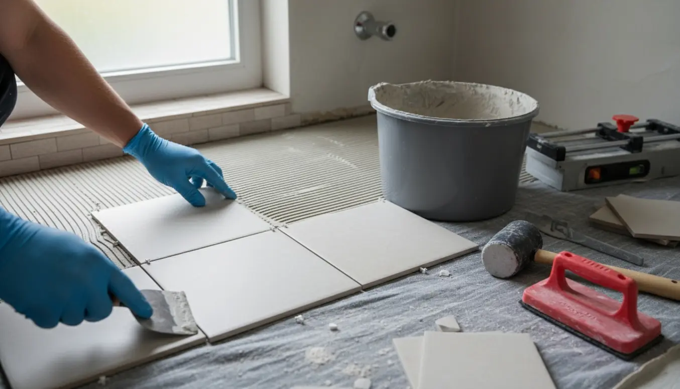 Hænder lægger 20x20 cm gulvfliser i et lille badeværelse med flisespacere og værktøj.