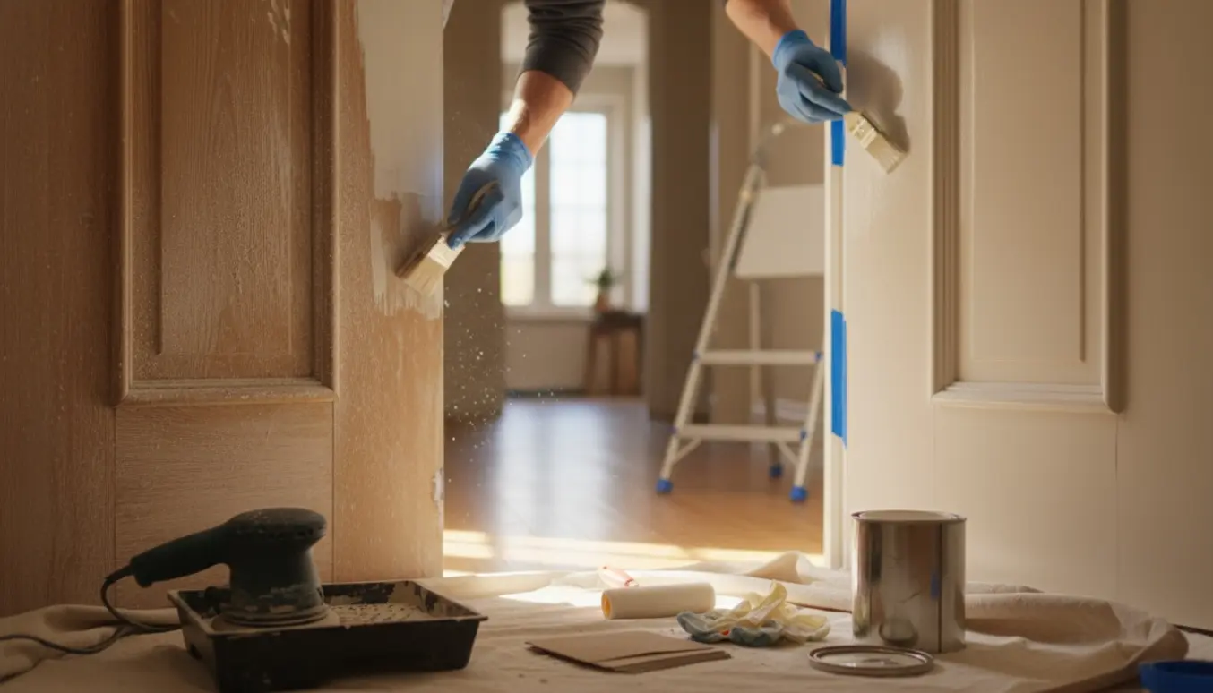 Nærbillede af hænder, der sliber og maler en dørkarm indendørs med malerudstyr på en afdækningsdug.