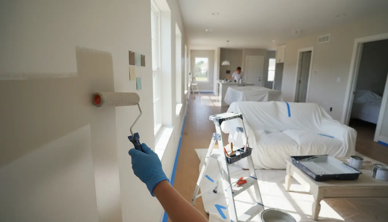 Indvendigt foto af et nykøbt hus under maling med malergrej og delvist nymalede vægge i naturligt dagslys.