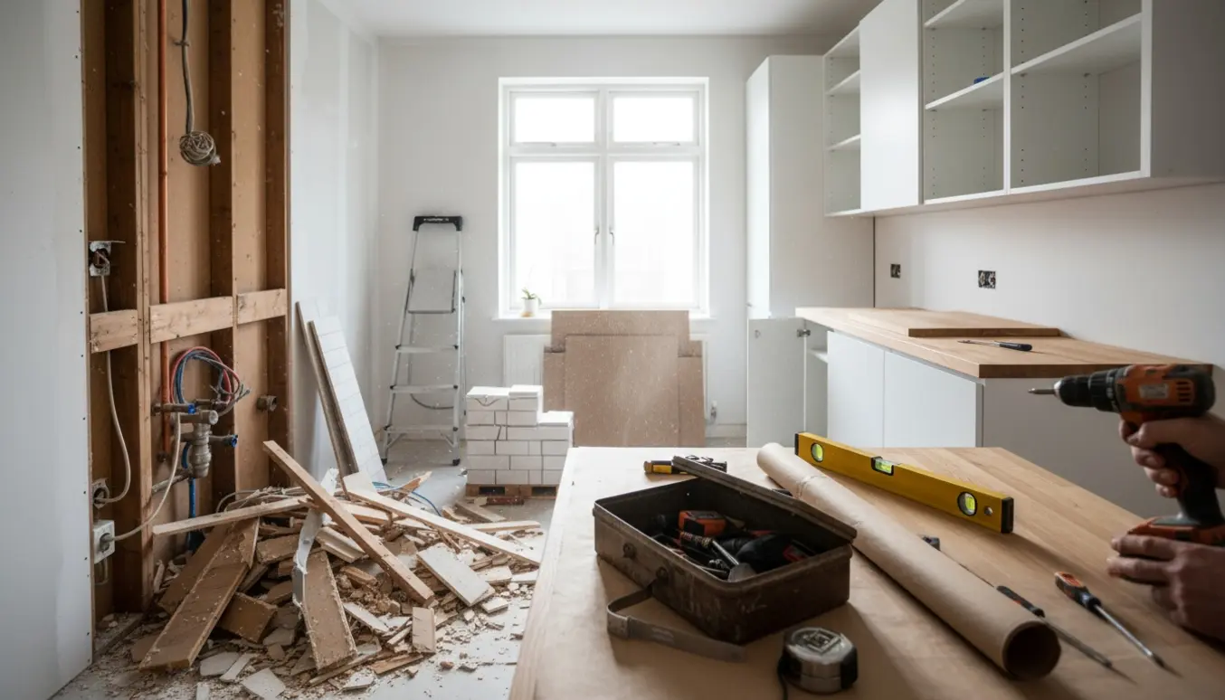 Køkken under renovering med nye skabe, håndværkerværktøj og håndværkerhænder i naturligt dagslys.