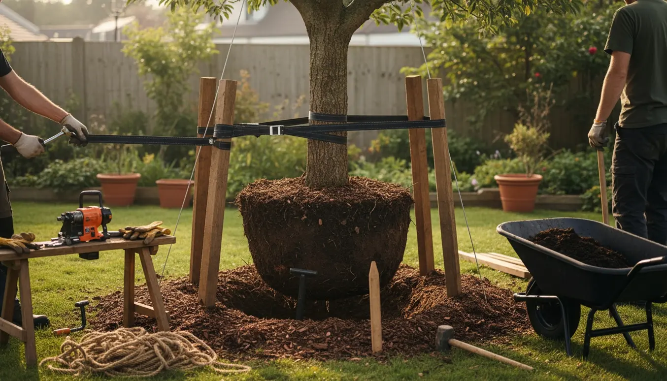 Væltet træ i haven rejses op igen og sikres med stropper og pæle.