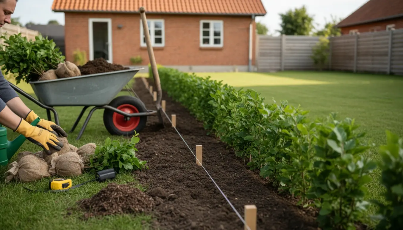 Ny hæk bliver plantet i en forstadshave i Bagsværd med haveredskaber og rækker af unge hækplanter.