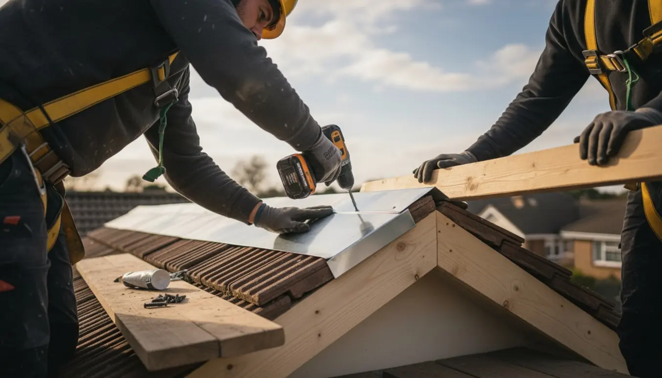 Rørlæggerarbejde på et tag med hænder, der monterer ny rygningsplade og vindskede fra en stillads.