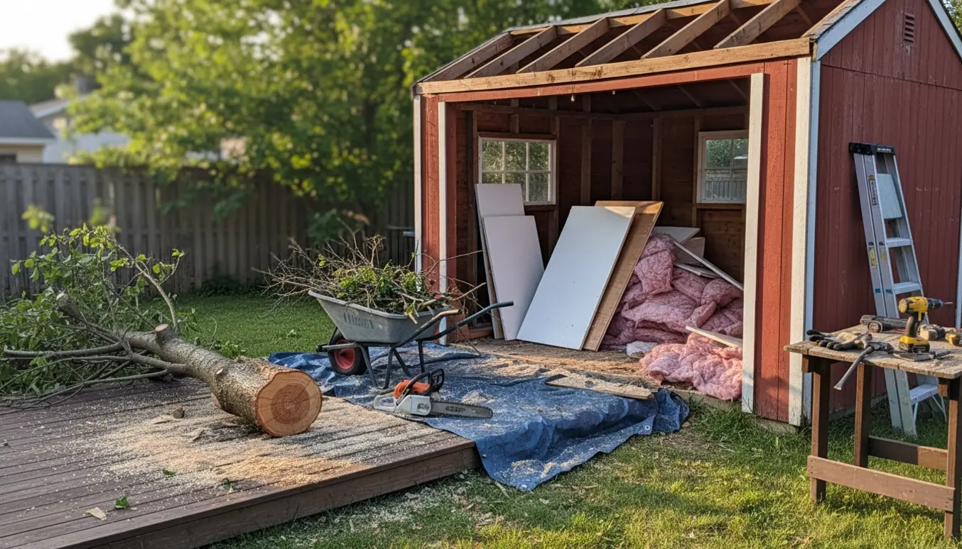 Fældet lille træ ved terrasse med sav og savsmuld, og åbent redskabsskur med fjernede loftplader og isolering.