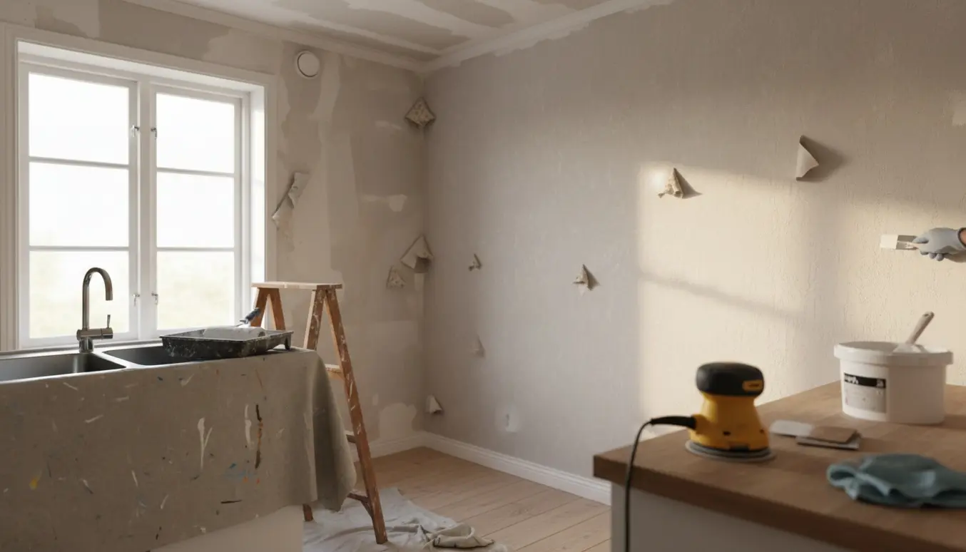 Et lille køkken under renovering med afrevet tapet, spartelværktøj og malergrej i naturligt dagslys.