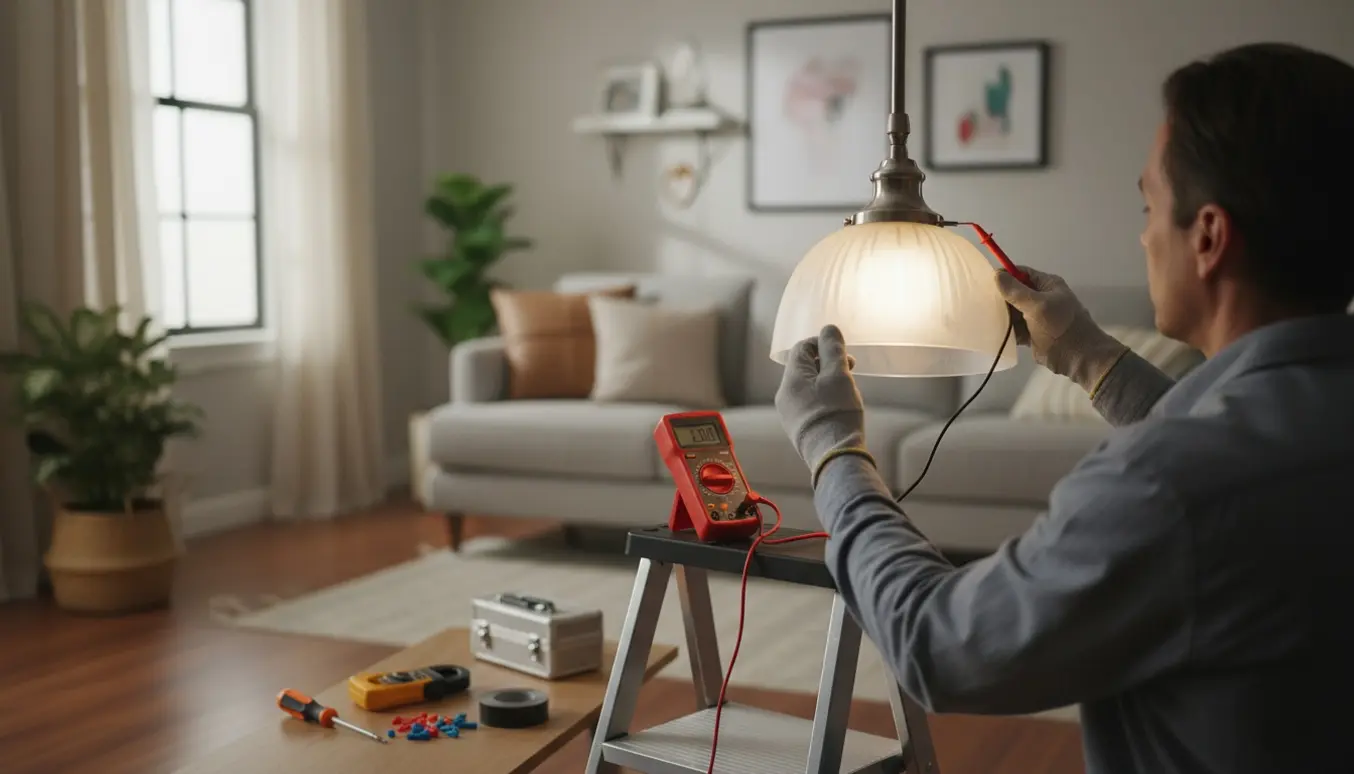 En person tester en blinkende loftlampe med multimeter og værktøj, mens lampen blinker selvom kontakten er slukket.