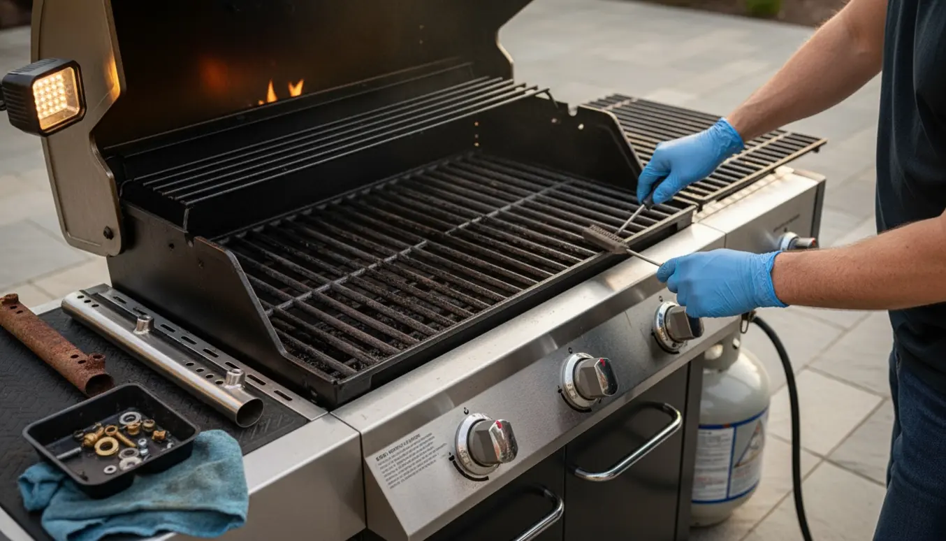 Nærbillede af en gasgrill med handskerede hænder, der rengør og udskifter brænderen.