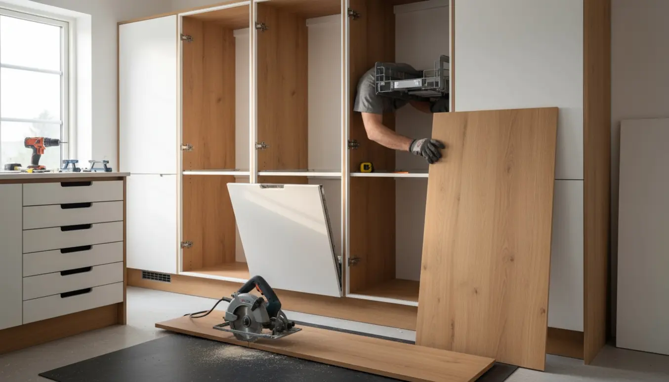 Installering af fire højskabe med integreret opvaskemaskine- og køleskabslåge, udskiftning af skuffefronter og tilskæring af fodpanel.