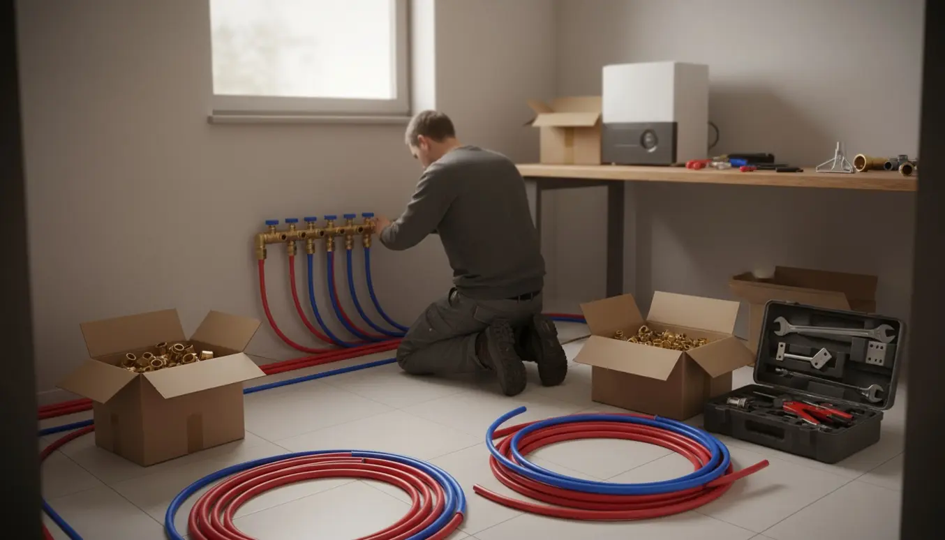 Håndværker forbinder gulvvarmerør til en fordelingsmanifold i et bryggers med en fjernvarmeunit klar til montering.