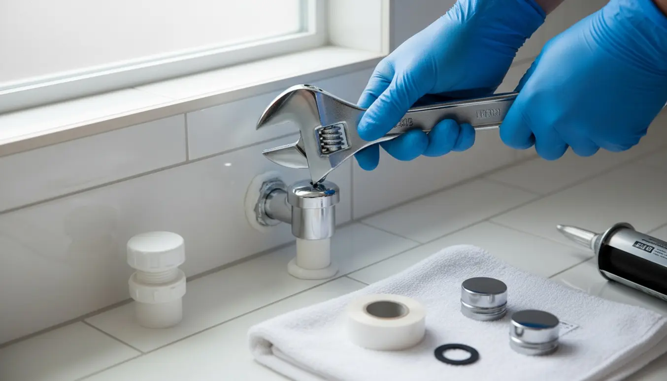 Hænder afpropper en gammel bidet-installation med værktøj i et flisebadeværelse.