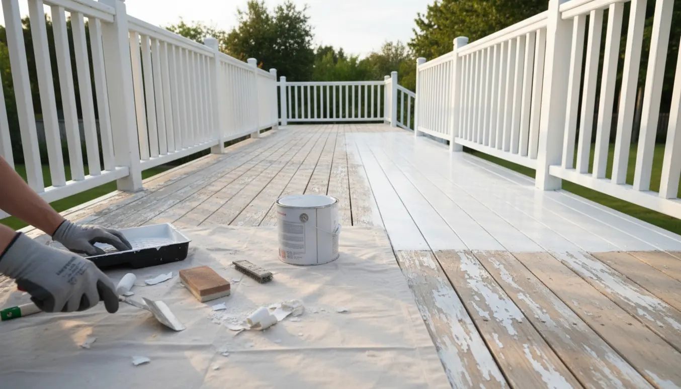 Lang hvid træterrasse med afskallet maling, værktøj og hænder i gang med at skrabe og male rækværket.