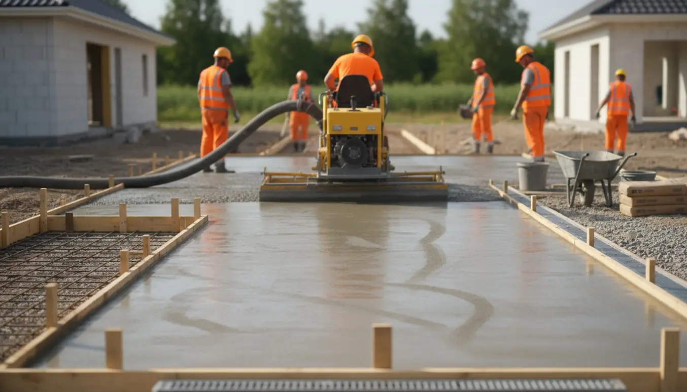 Nybygget indkørsel under støbning med arbejdsteknikker og frisk beton ved et hus på en solskinsdag.