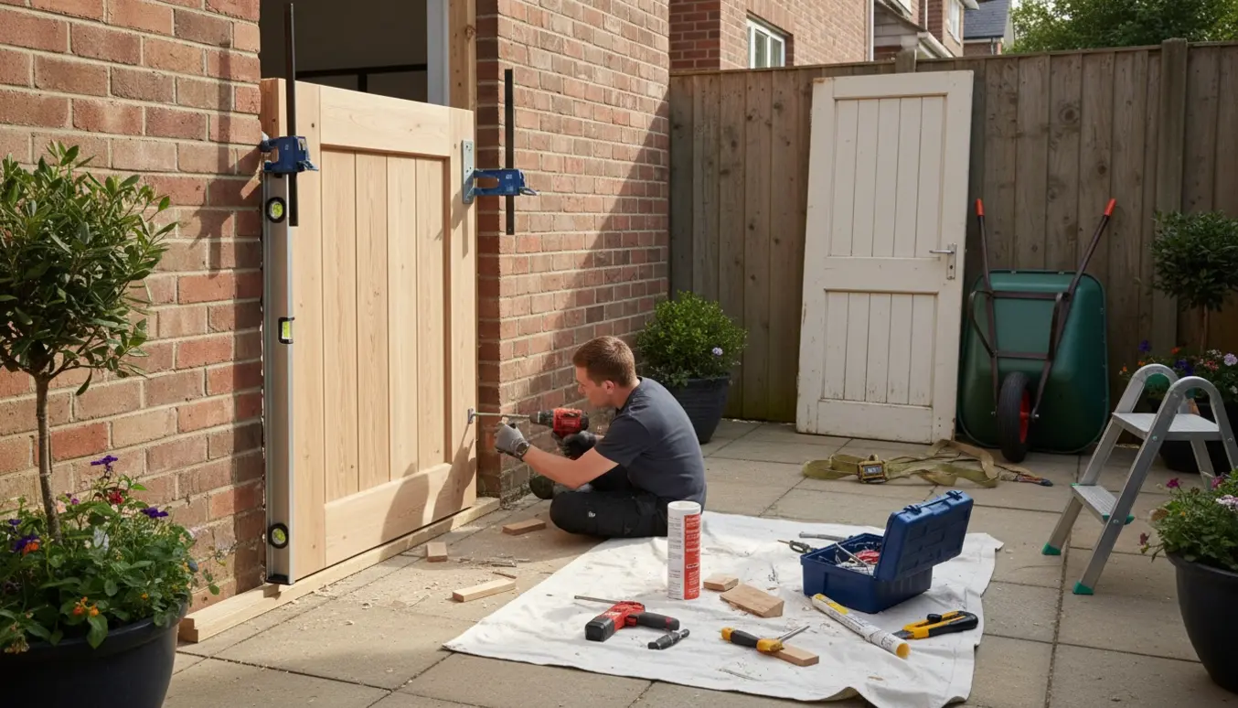 Udskiftning af havedør med monteret karm, værktøj og den gamle dør klar til bortskaffelse.