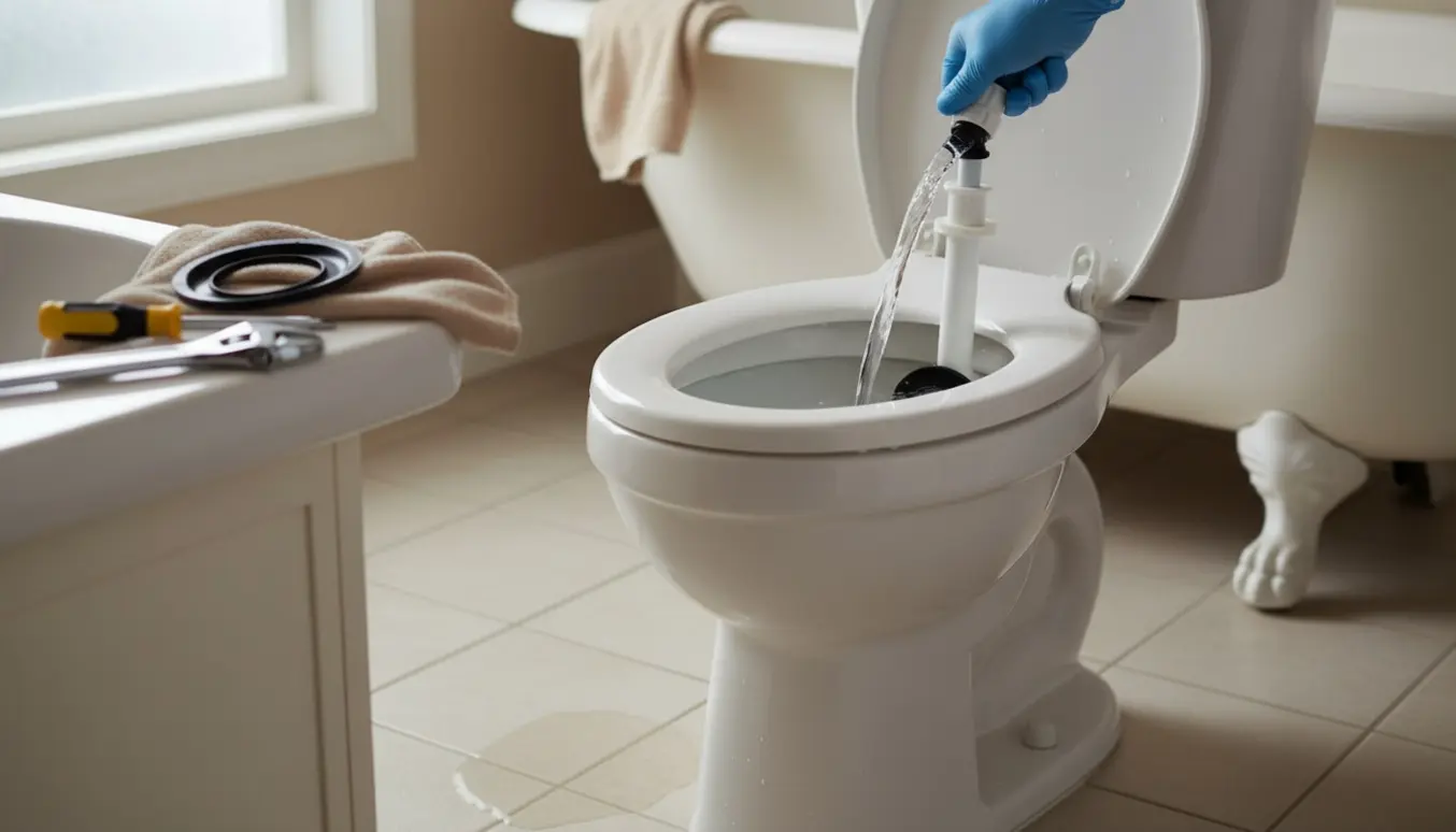 Åbent toilettank med vand, der løber i overløbstuden, mens værktøj og reservedele ligger klar til reparation.