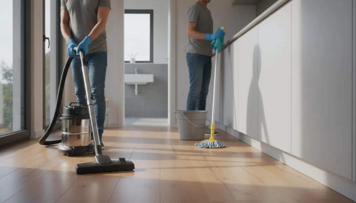 En rengøringshjælper set bagfra støvsuger gulvet, tørrer køkkenskabslåger af med mikrofiberklud og viser et rent badeværelse i baggrunden.