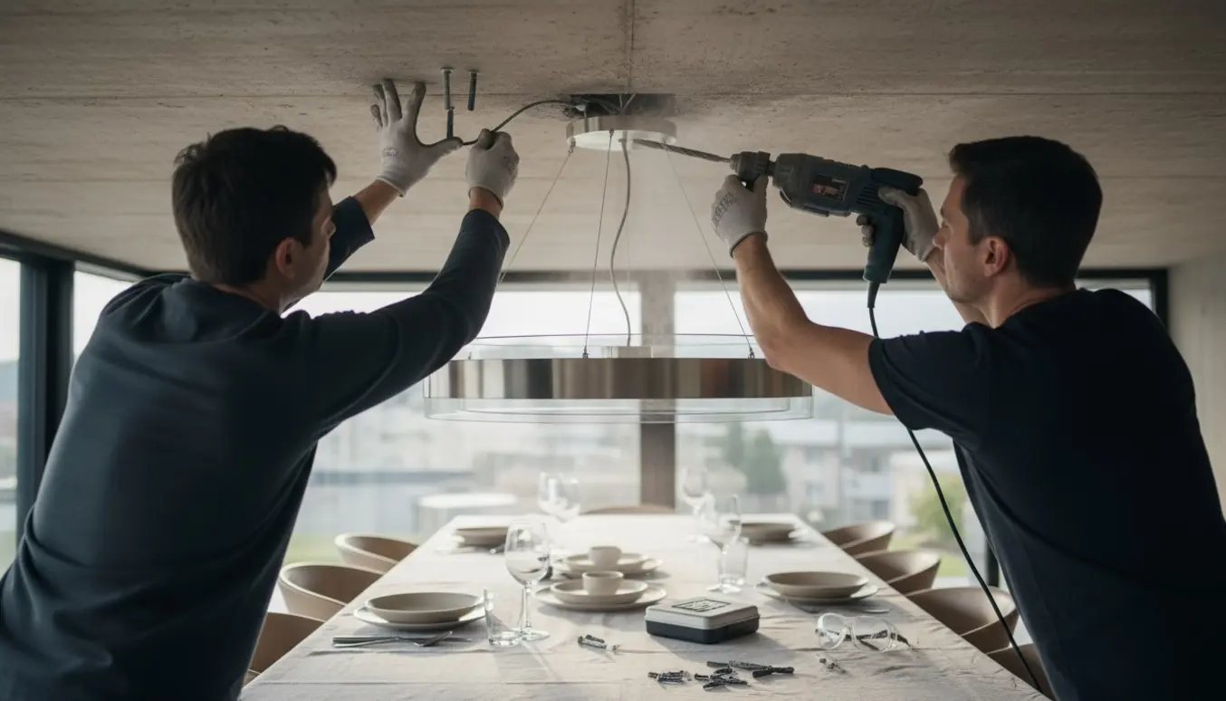 Opsætning af en stor loftlampe over spisebordet med slagboremaskine i et armeret betonloft.