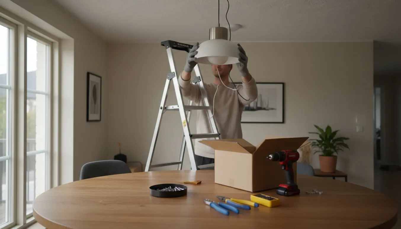En tekniker på en stige udskifter en loftlampe over et spisebord med værktøj på bordet.