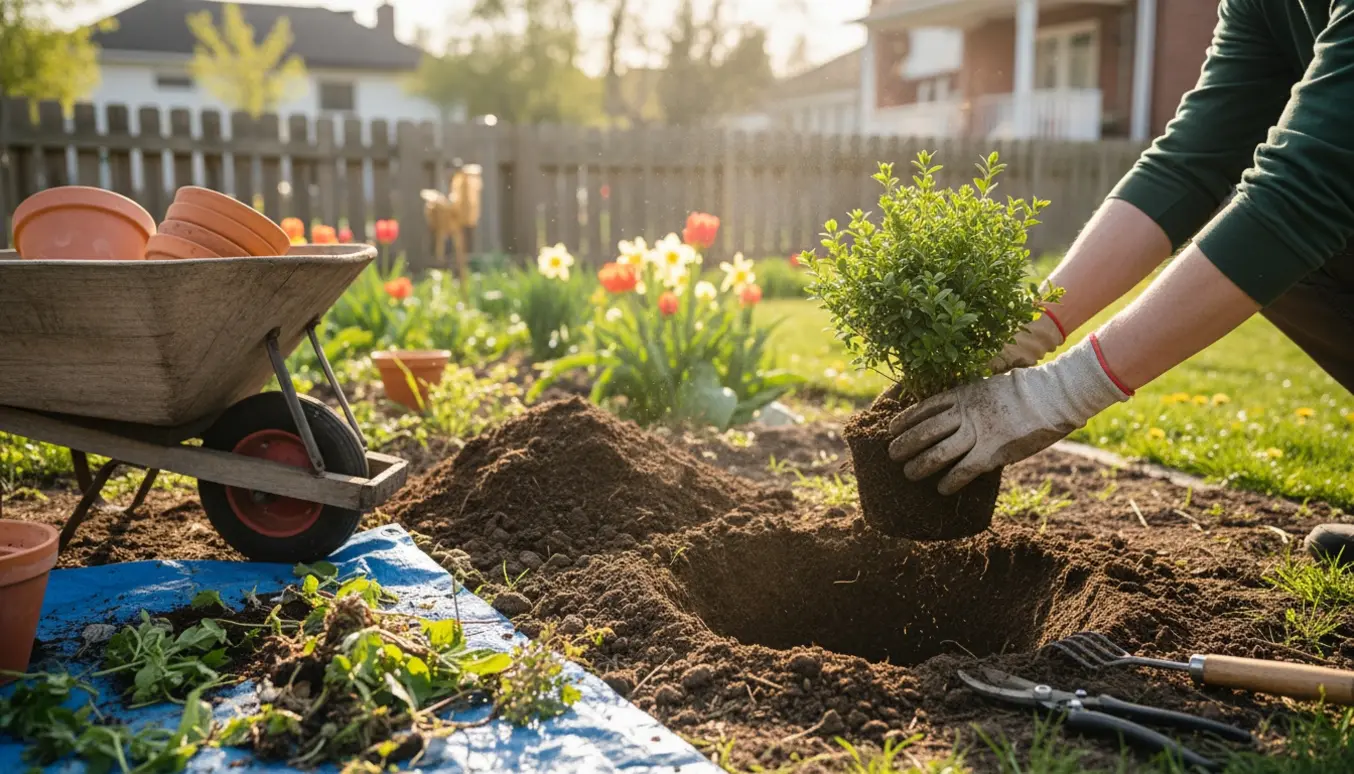 Hænder i handsker planter en busk og luger ukrudt i en soloplyst forårshave.