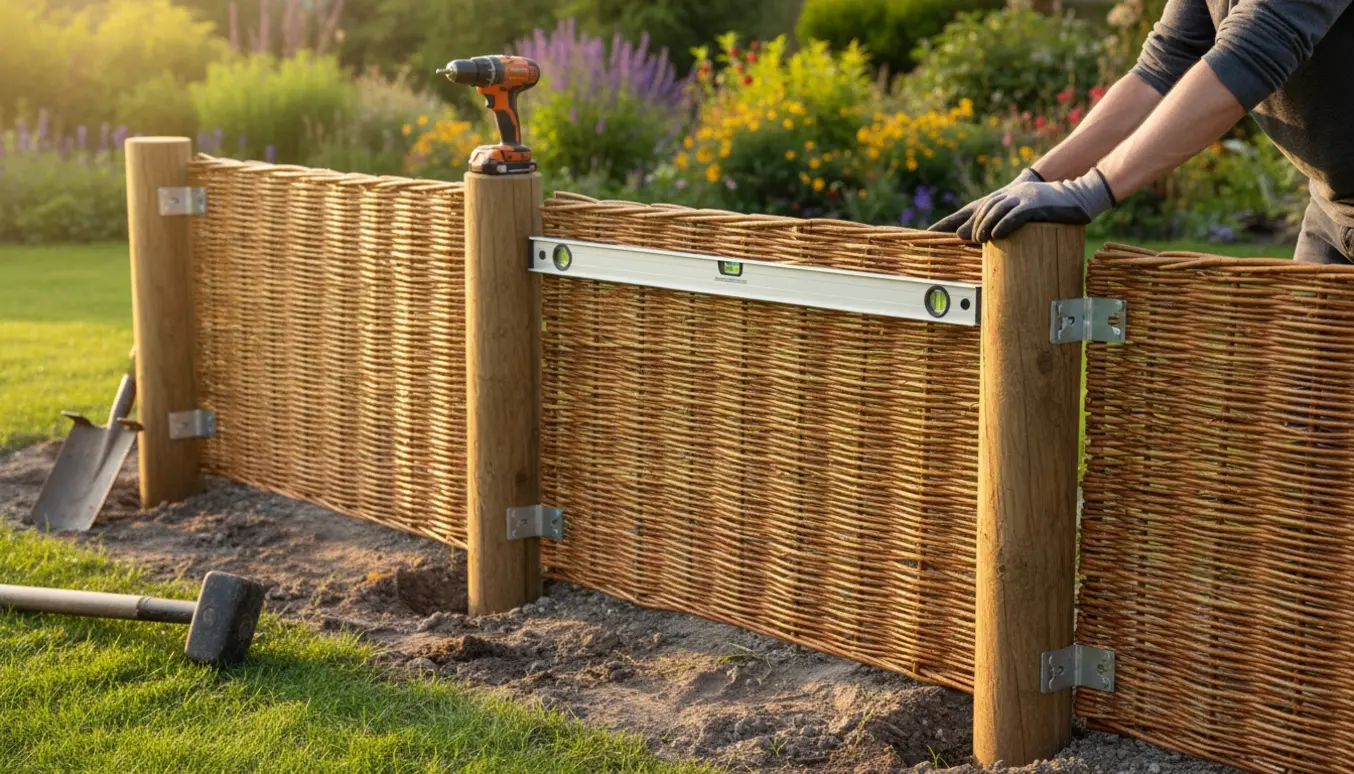 Opsætning af ca. 10 meter pileflethegn 120x180 i have med værktøj og handsker, uden synlige ansigter.