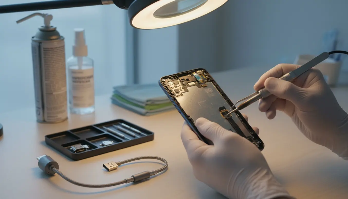 Nærbillede af hænder, der reparerer USB-C ladestik på en Samsung S21 med præcisionsværktøj.