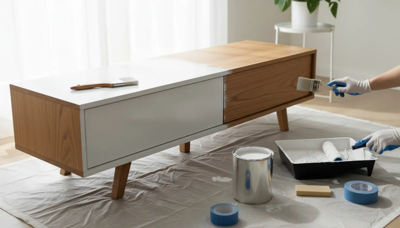 Tv-bænk halvt malet hvid på en dækkesklud med pensel, rulle og åben malerbøtte ved siden af.