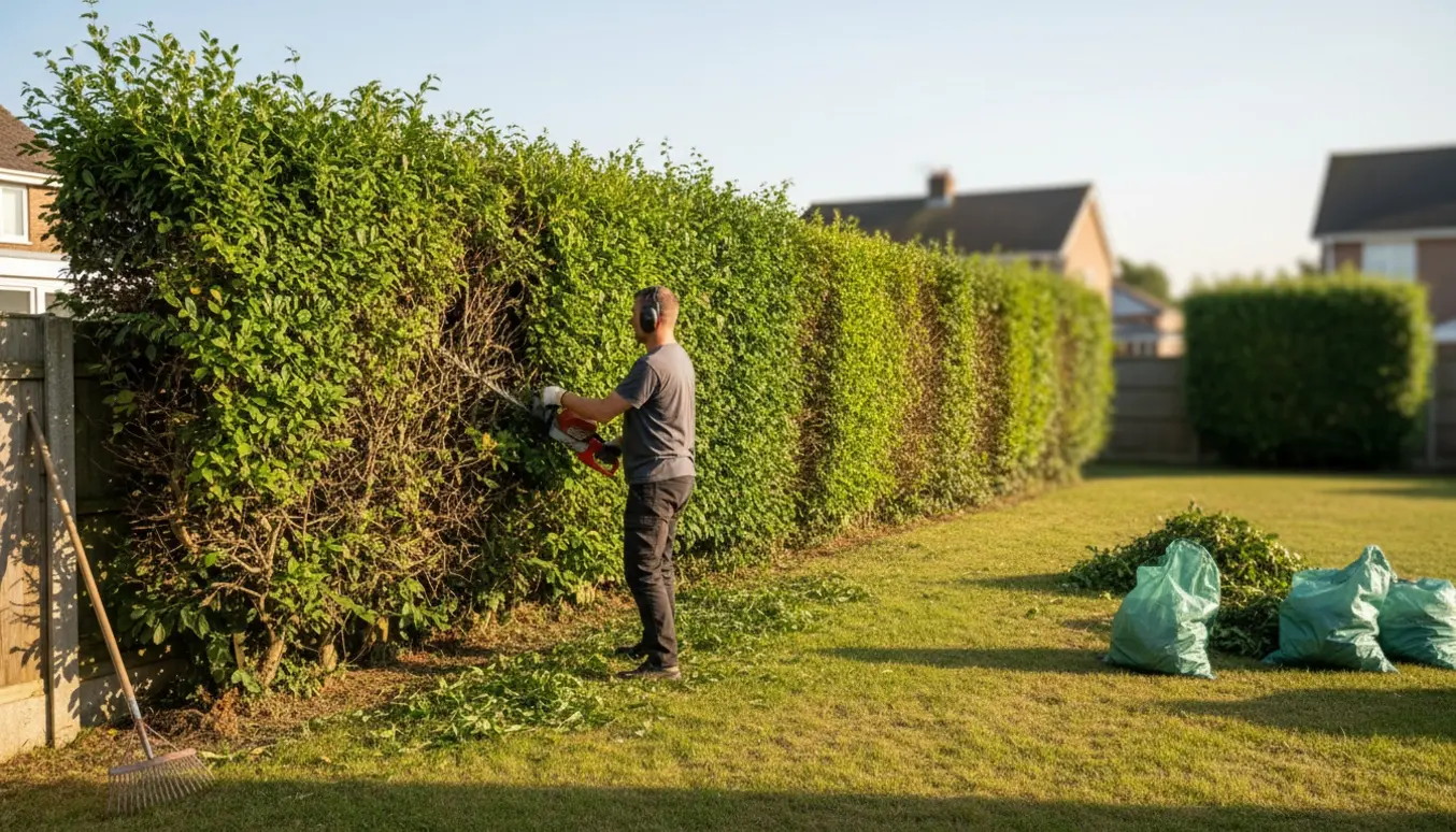 Person klipper en overgroet 20 m hæk på en jordvold med hækkeklipper og sække til afklip.