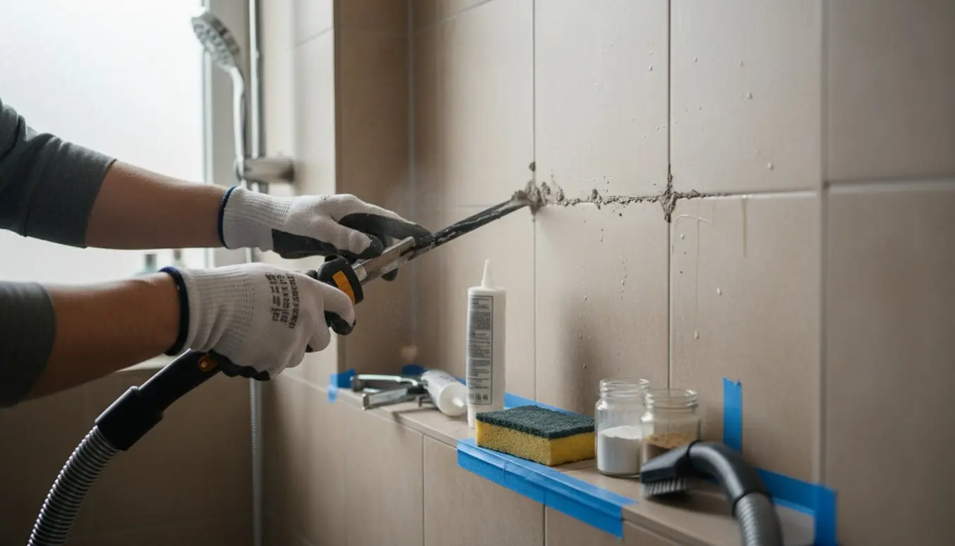 Nærbillede af hænder i handsker, der fjerner gammel fuge i en flisebruseniche med fugeværktøj og fugepistol ved siden af.
