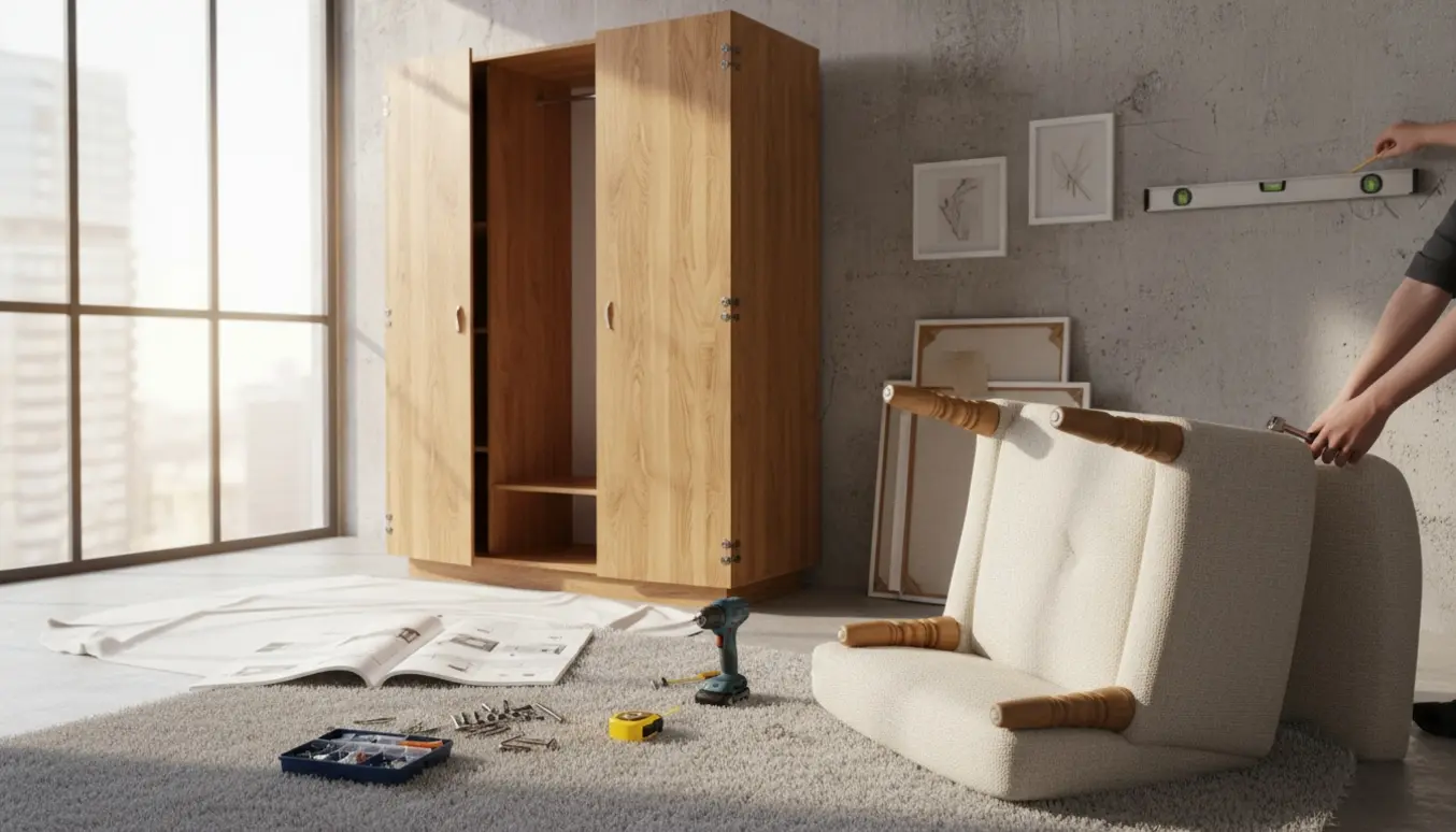 Delvist samlet klædeskab ved en betonvæg, en lænestol får skruet ben på, og billedrammer er klar til ophængning.